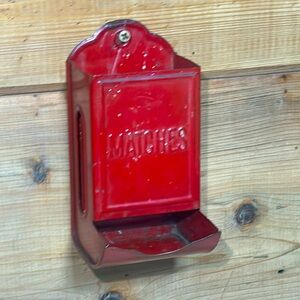 Vintage Red Metal Wall Hanging Match Holder / Fireplace or Woodstove